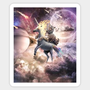 Big Cat Tiger Riding Evil Fire Unicorn In Space Sticker